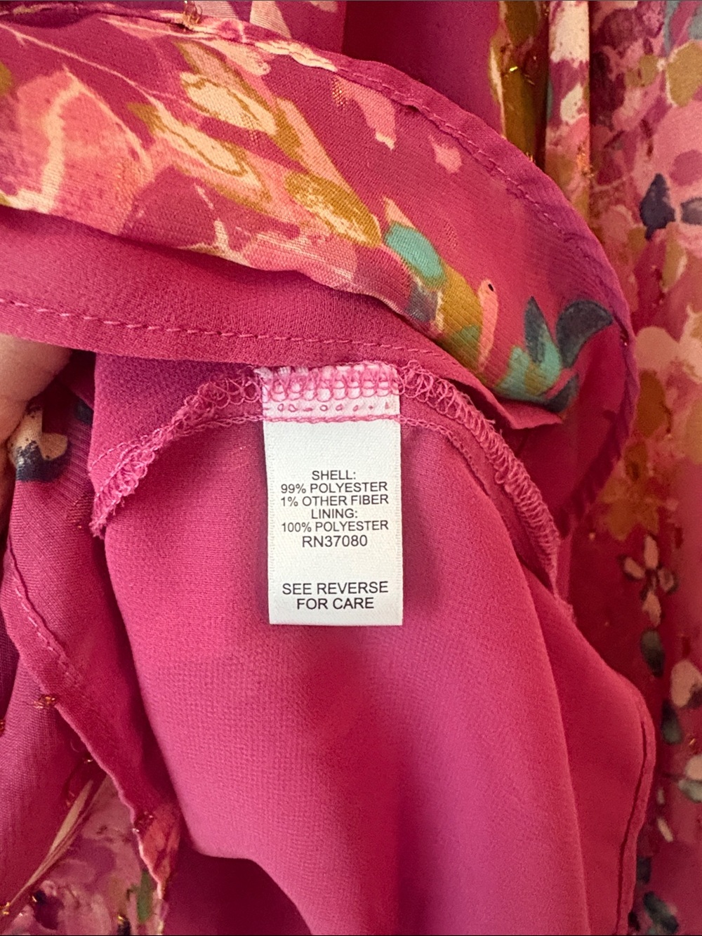 Cato Pink/Purple Floral Ruffle-Neck Blouse with Gold Dot Accents - Picture 8 of 9